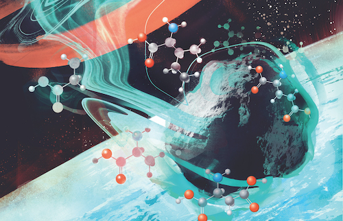 Illustration of a meteorite with molecules on it