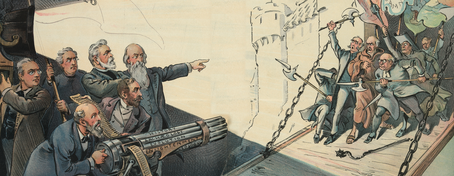 Section of the book cover showing a war between scientists and clerics