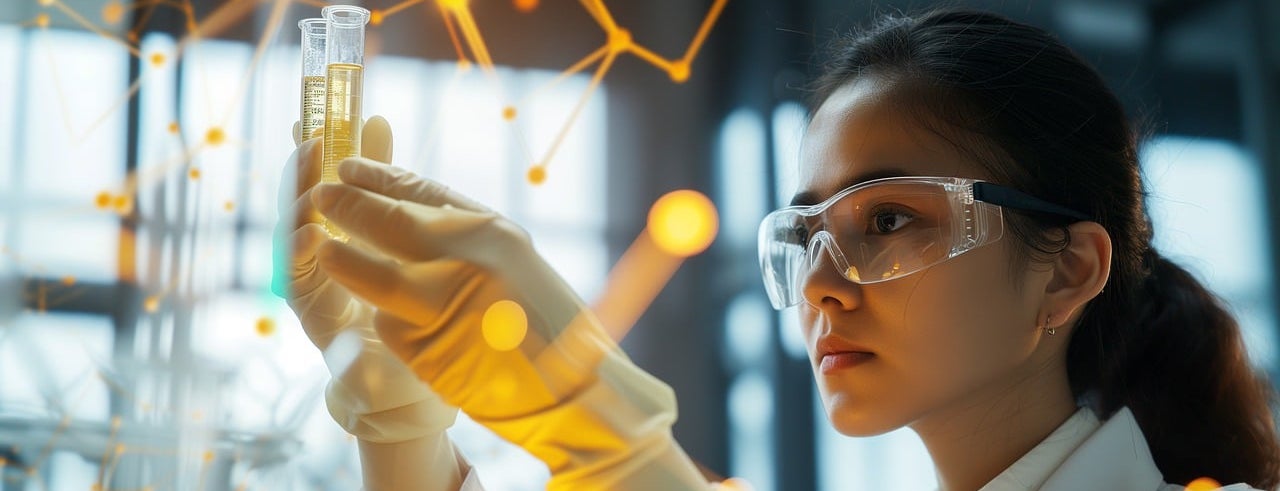 Person in lab with DNA helix in background