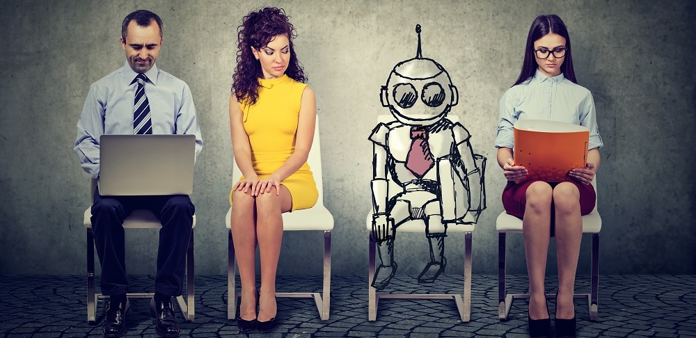 people in a waiting room with a robot on one of the chairs